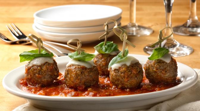 Dish of garnished plant-based Lightlife Meatballs.