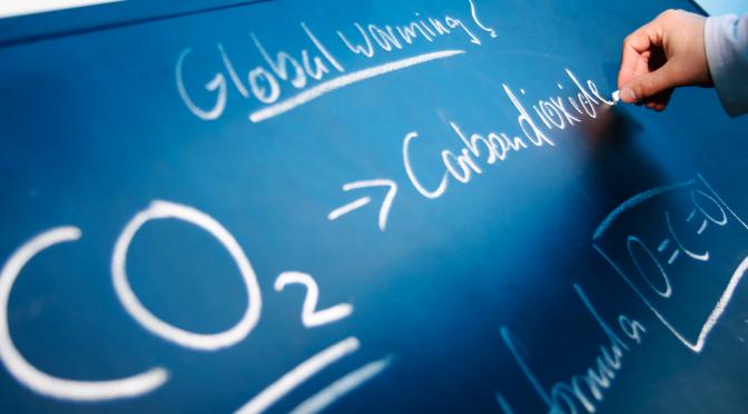 Chalkboard with writing about global warming