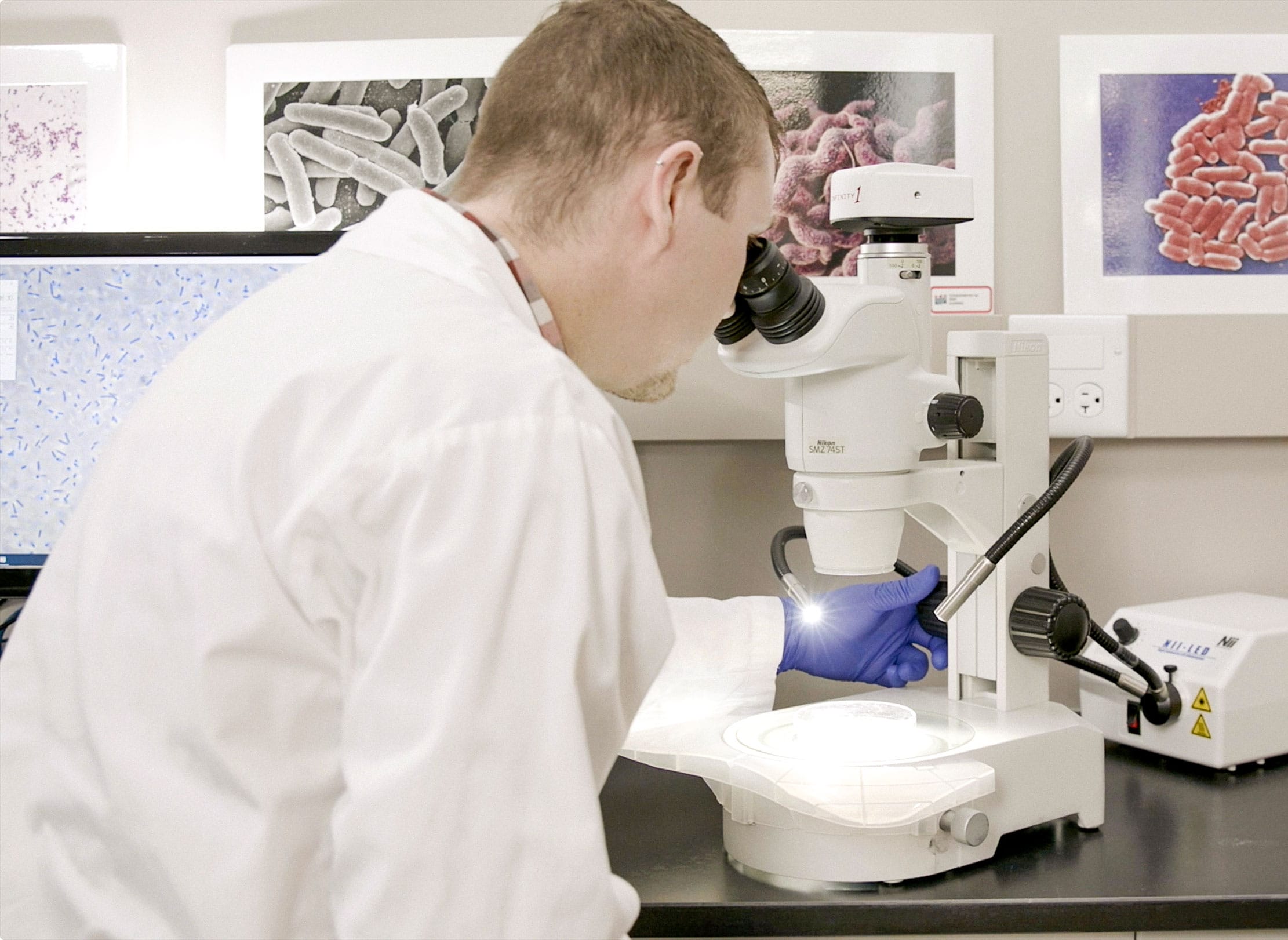 Employee in Lab looking through microscope.