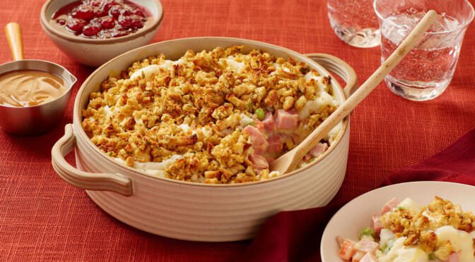 Thanksgiving Ham Jumble Casserole made with Maple Leaf ham.