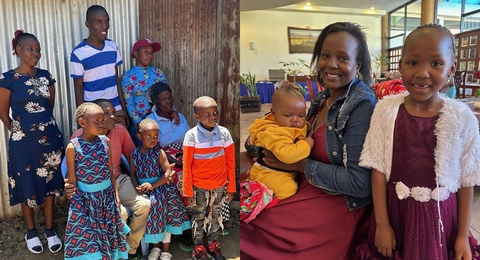 À gauche : Benson (au milieu, en haut) est le coordinateur de Wezesha au Kenya. Il prend la pose avec ses grands-parents qui l’ont élevé, ses sœurs et leurs enfants. À droite : Fancy, une amie depuis plus de 15 ans, avec ses enfants. Elle travaille dans un foyer pour les enfants de la rue à titre d’aide familiale principale