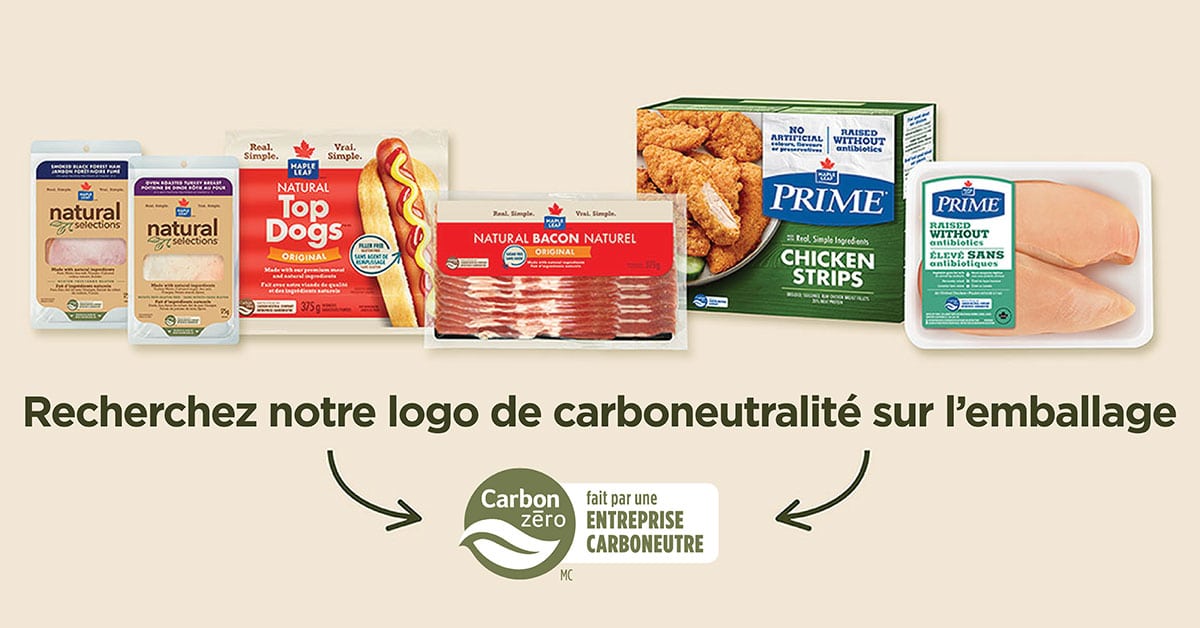 Logo neutre en carbone à côté des produits des Aliments Maple Leaf