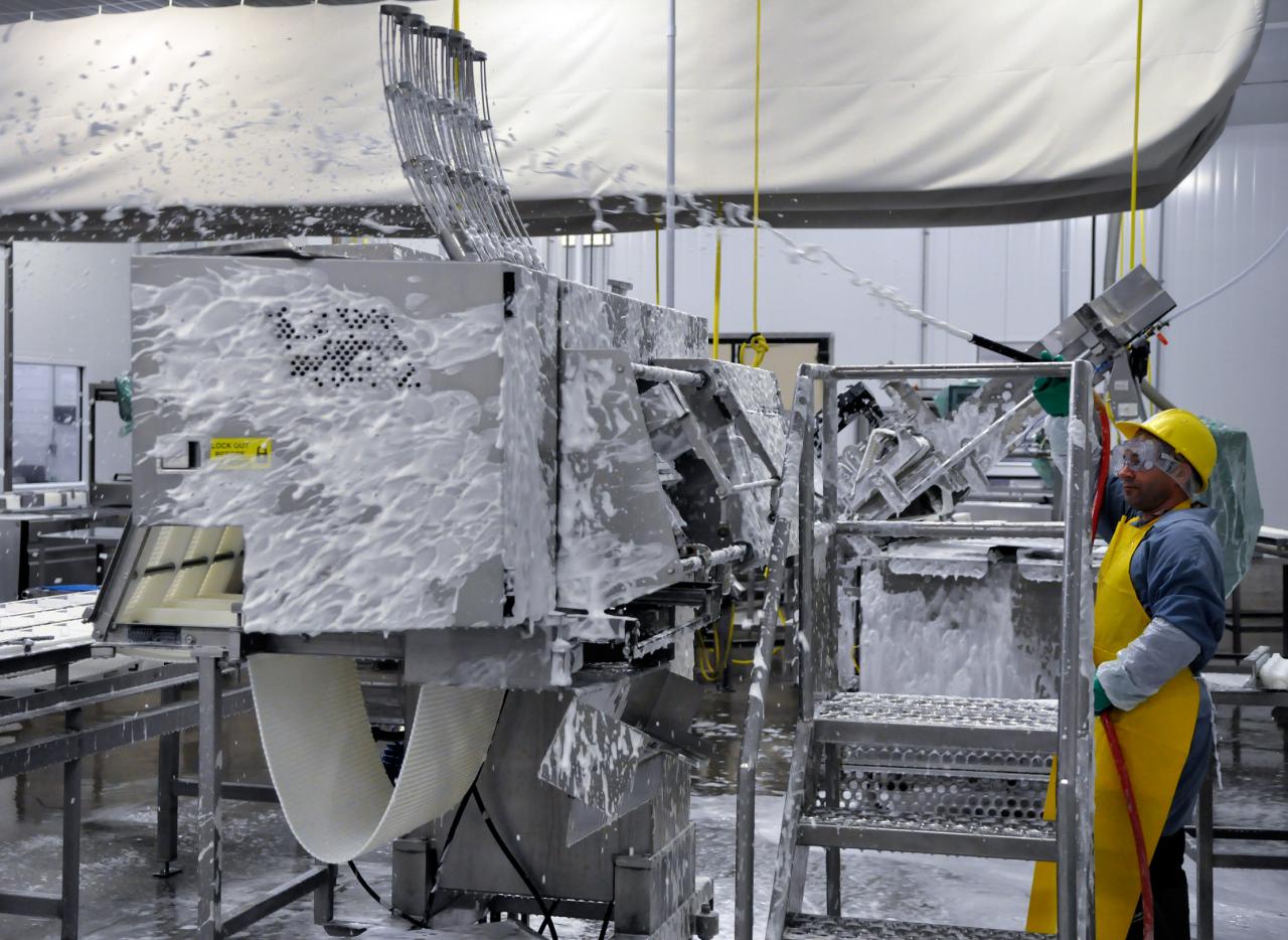 Foaming and sanitation process of a Maple Leaf Foods plant.