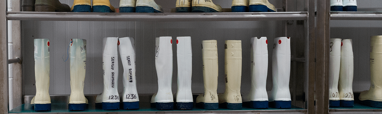 Old rubber boots on a rack that are to be repurposed.