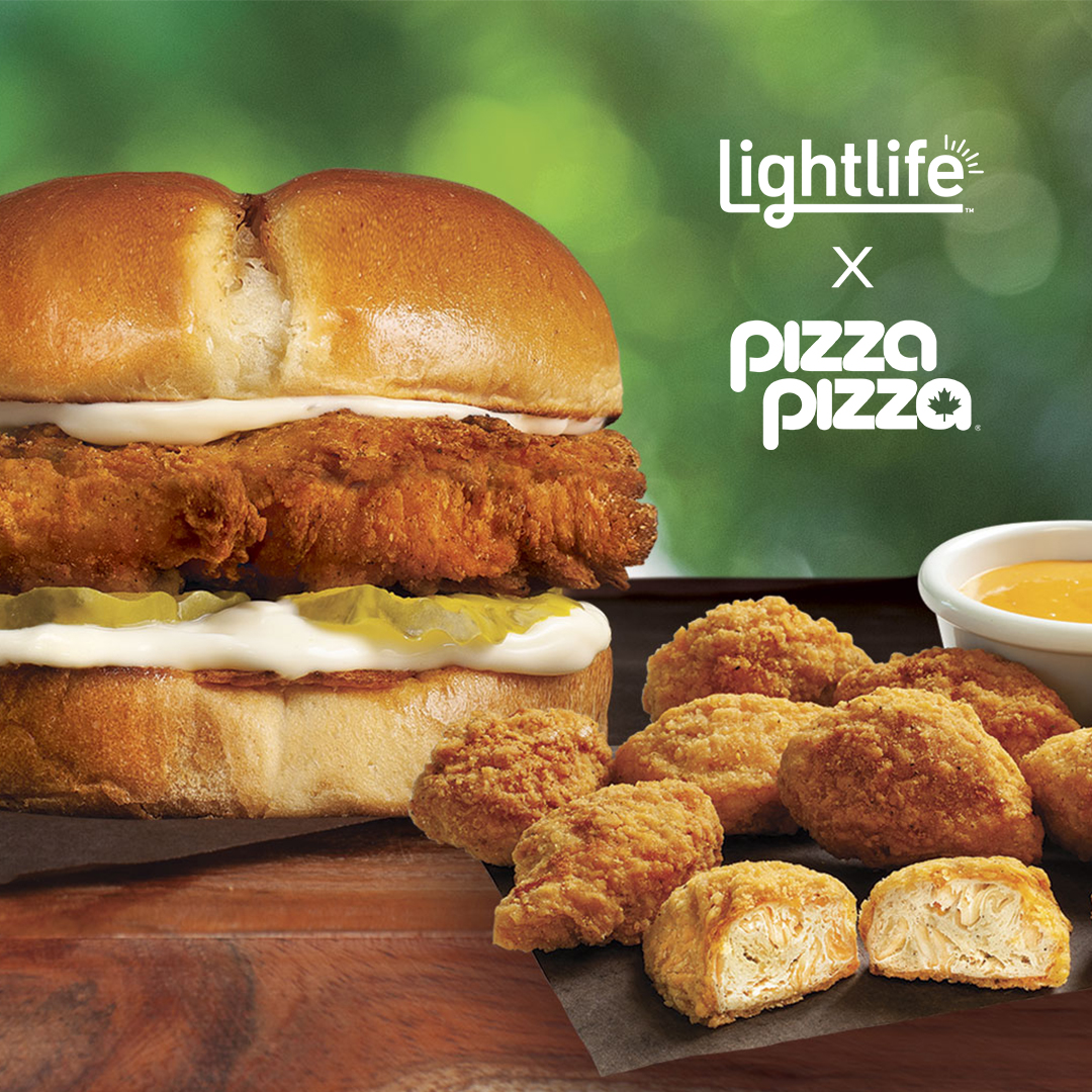 Lightlife and Pizza Pizza plant-based chicken sandwich and chicken nuggets.