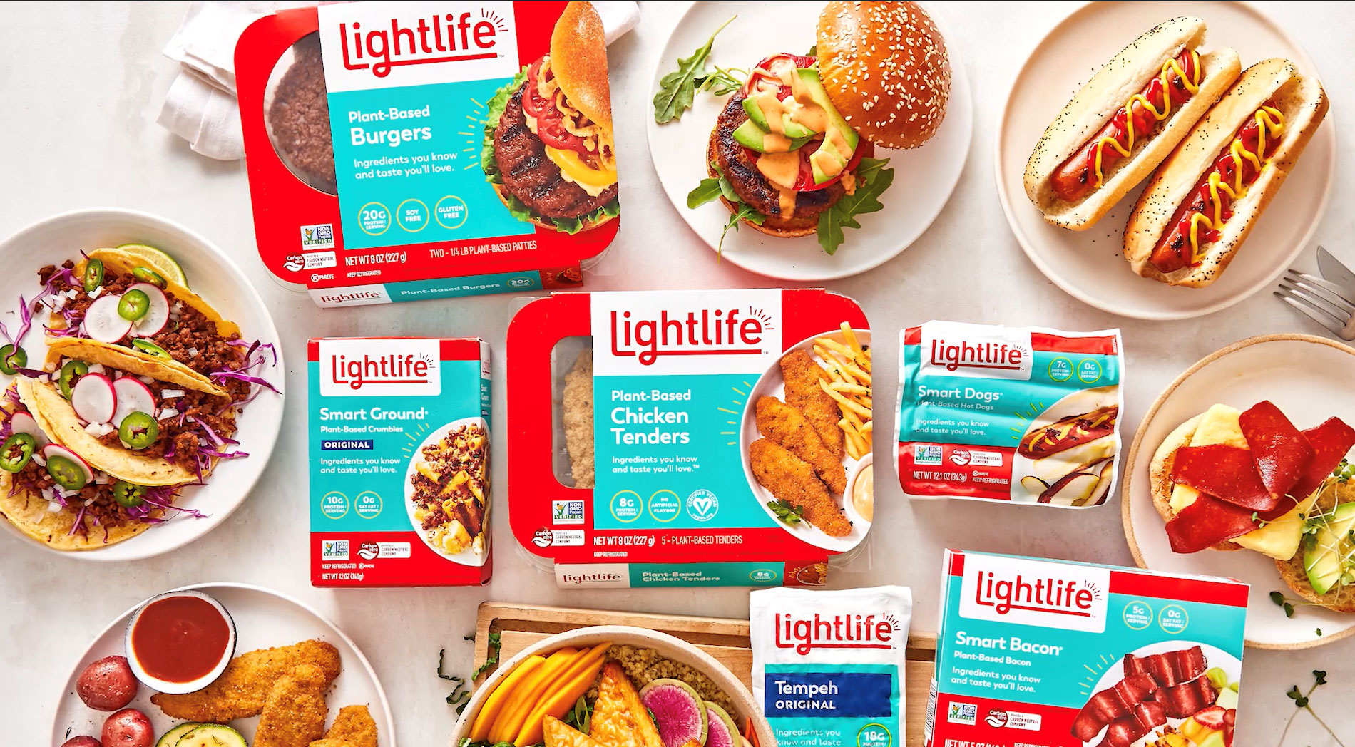 Lightlife Plant-based products including burgers, chicken tenders, smart dogs