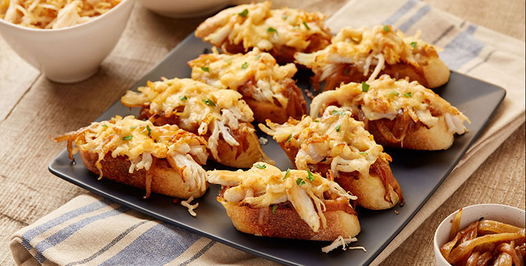 French onion crostinis made with Maple Leaf chicken