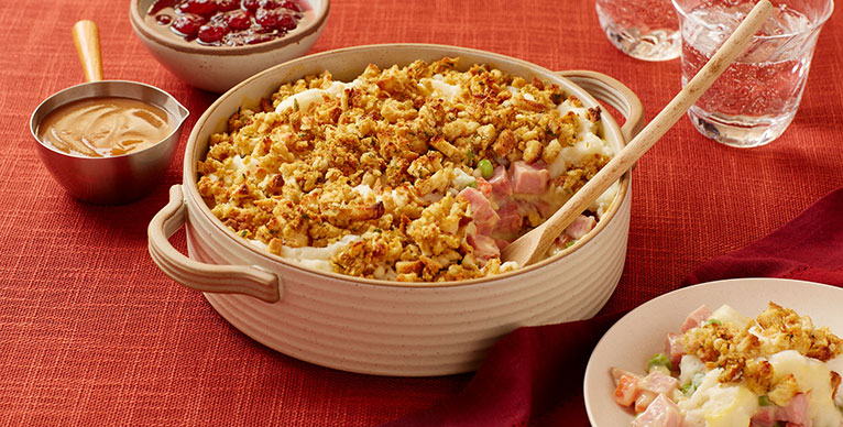 Thanksgiving recipe for Maple Leaf Ham Jumble Casserole.