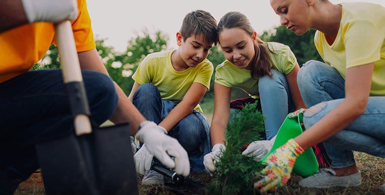 Better Communities: A family planting an evergreen tree.