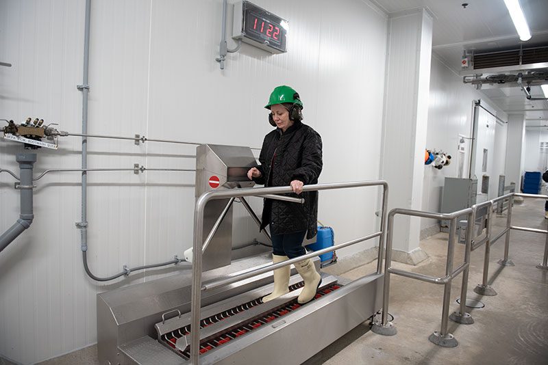 Worker at boot cleaning station, Hamilton