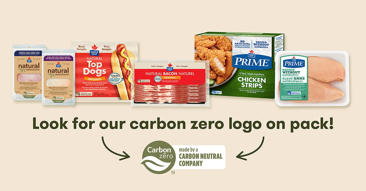 Carbon neutral logo next to Maple Leaf Foods products