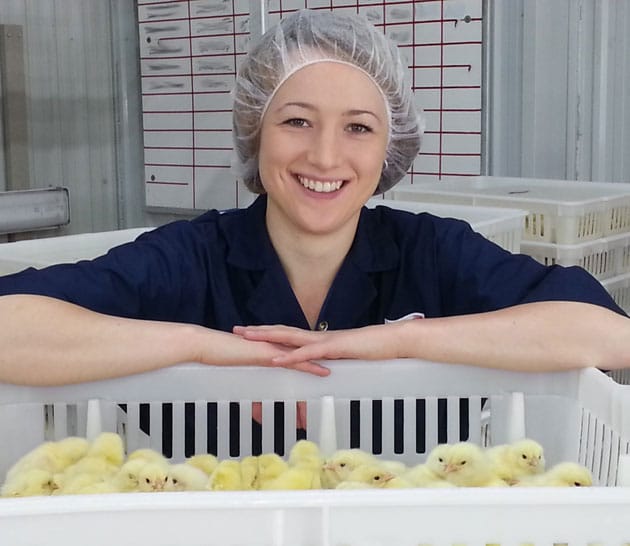 Kathleen Long with baby chicks