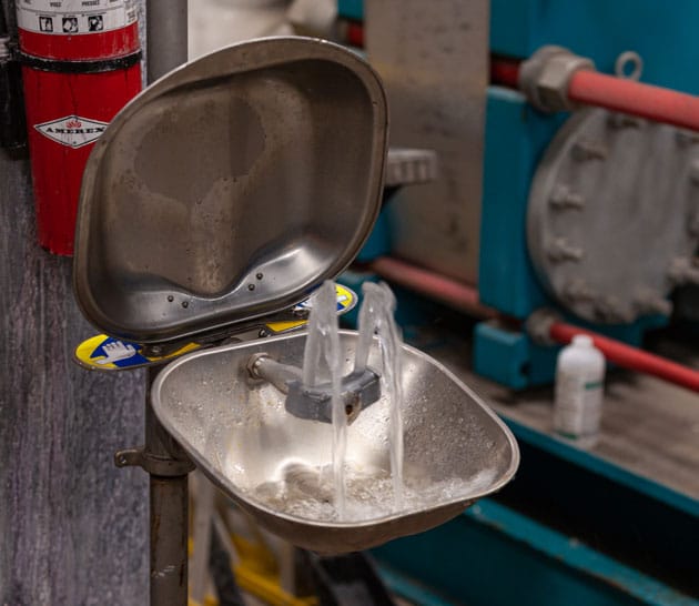 Eye washing station at a plant