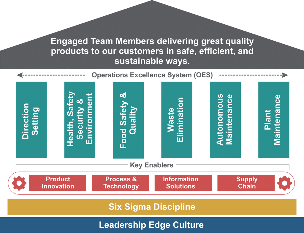 A visual of hierarchy. OES system is comprised of 6 pillars: 1. Direction Setting. 2. Health, safety, & Environment. 3.Food Safety & Quality. 4.Waste Elimination. 5.Autonomous Maintenance. 6. Plant Maintenance.  Key enablers include: product innovation, process technology, information solutions, and supply chain. 