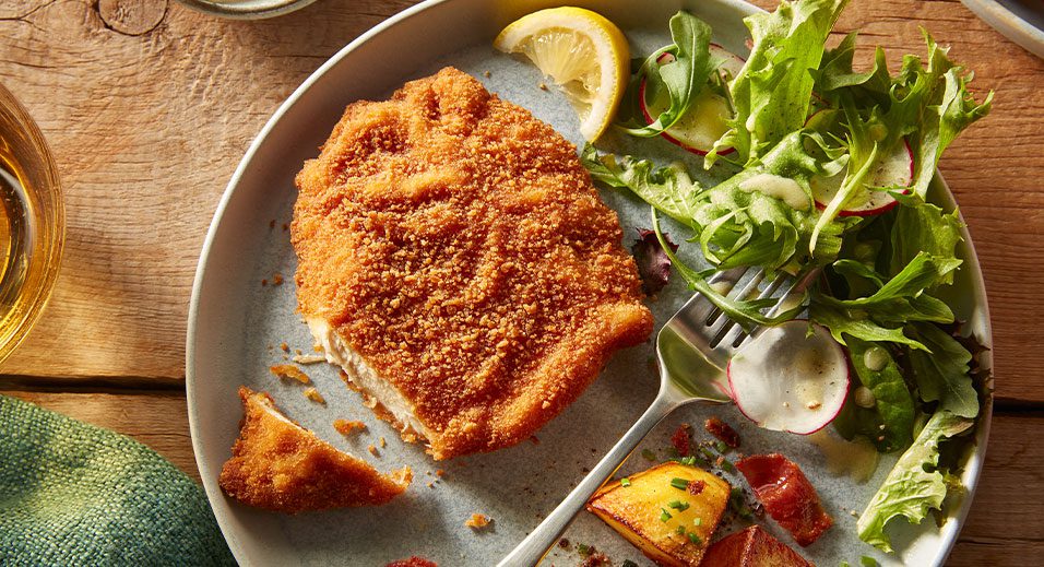 Schnitzel Dinner with Bacon Roast Potatoes