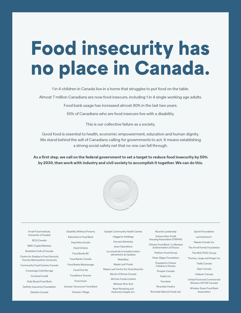 graphic from call to action advertisement - large header font that reads "Food insecurity has no place in Canada."